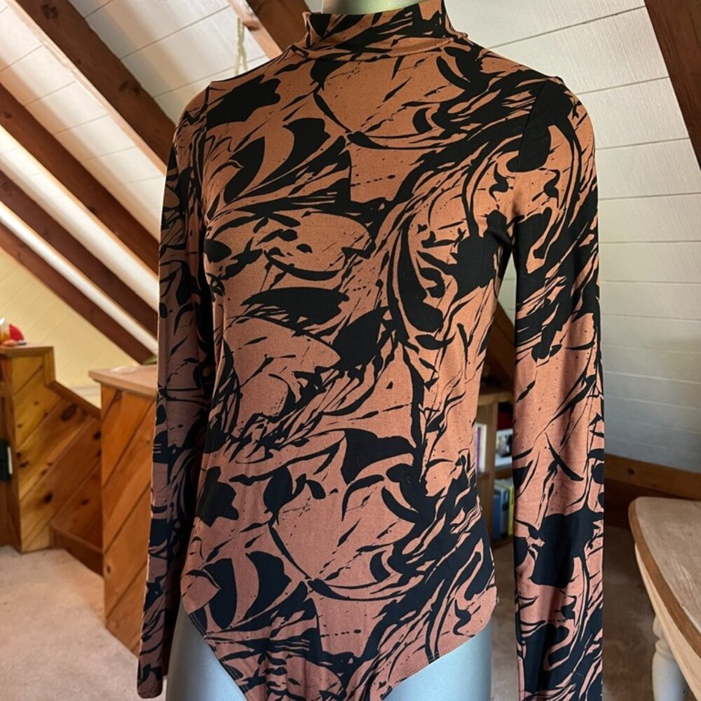S - A New Day - Rust + Black Print Mock Neck Bodysuit 